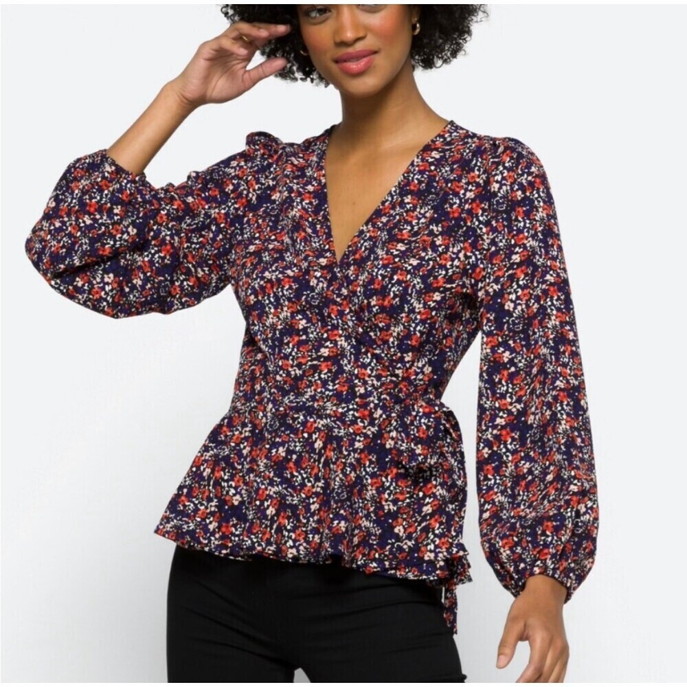 Skies are Blue real wrap ditsy floral print peplum style puff sleeve SZ SM